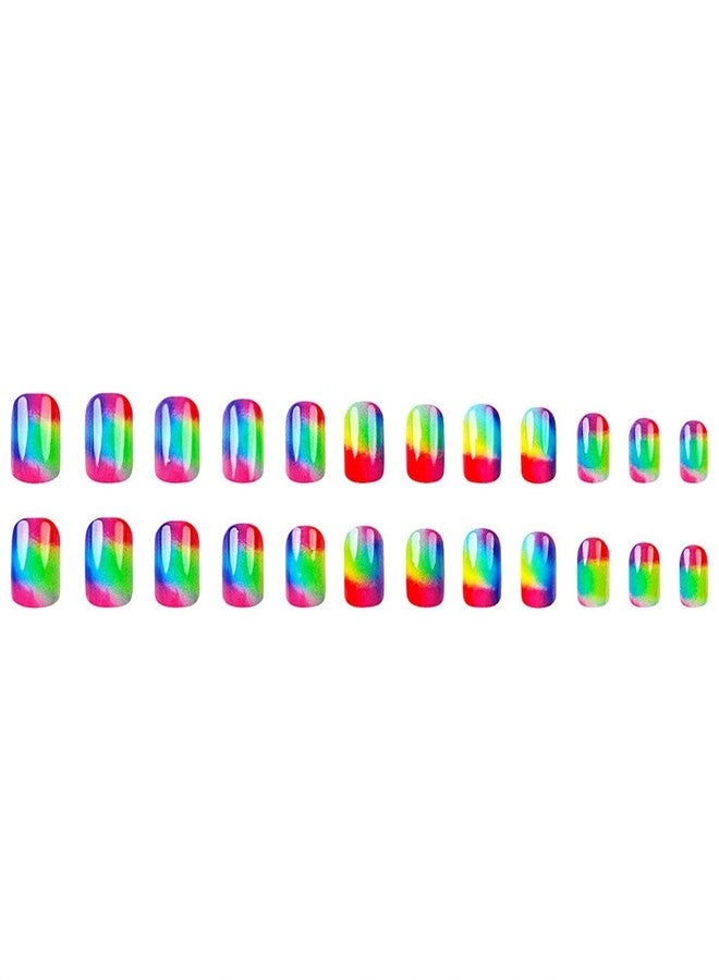 HJKDSFD 24Pcs Rainbow Press on Nails Square Short Fake Nails with Colorful Gradient Designs Full Cover Acrylic Nails Press on Glossy Artificial False Nails Cute Stick on Nails for Women Girls - Image 5